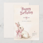 cute Bunny rabbit pink birthday party invitation 招待状 (正面/裏面)