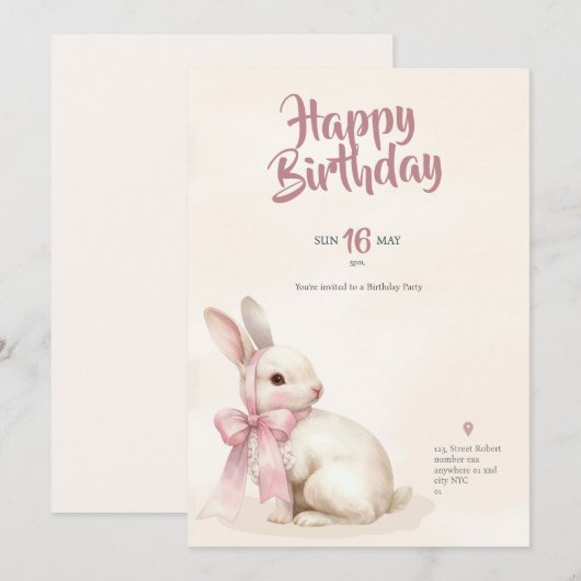cute Bunny rabbit pink birthday party invitation 招待状 (正面/裏面)