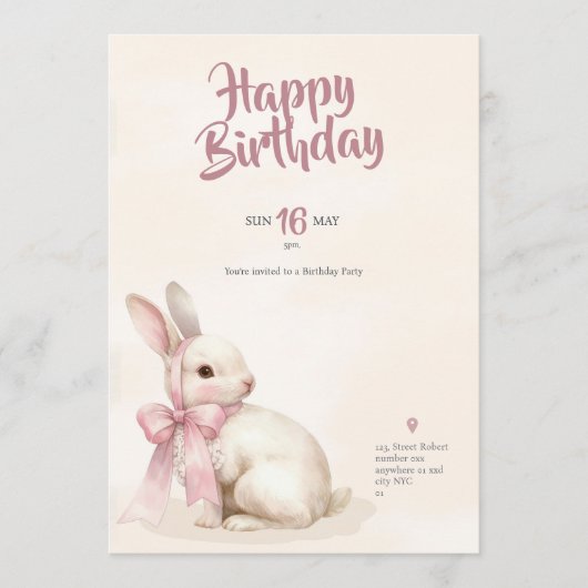 cute Bunny rabbit pink birthday party invitation 招待状 (正面)