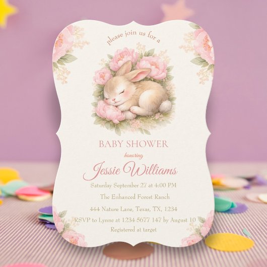 Cute Bunny Rabbit Pink Blush Baby Shower 招待状