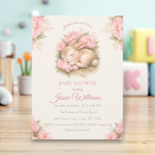 Cute Bunny Rabbit Pink Blush Baby Shower 招待状