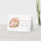 Cute Bunny Rabbit Pink Blush Peony Baby Shower サンキューカード (正面)