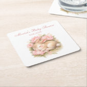 Cute Bunny Rabbit Pink Blush Peony Baby Shower スクエアペーパーコースター (アングル)
