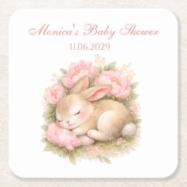 Cute Bunny Rabbit Pink Blush Peony Baby Shower スクエアペーパーコースター