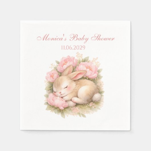 Cute Bunny Rabbit Pink Blush Peony Baby Shower スタンダードカクテルナプキン (正面)