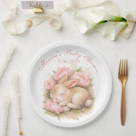 Cute Bunny Rabbit Pink Blush Peony Baby Shower ペーパープレート