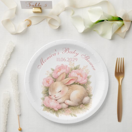 Cute Bunny Rabbit Pink Blush Peony Baby Shower ペーパープレート (ウェディング)