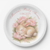 Cute Bunny Rabbit Pink Blush Peony Baby Shower ペーパープレート (正面)