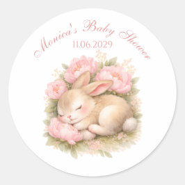Cute Bunny Rabbit Pink Blush Peony Baby Shower ラウンドシール