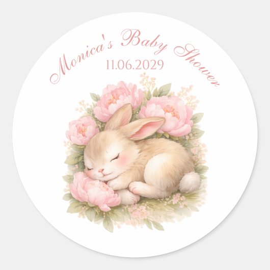 Cute Bunny Rabbit Pink Blush Peony Baby Shower ラウンドシール (正面)