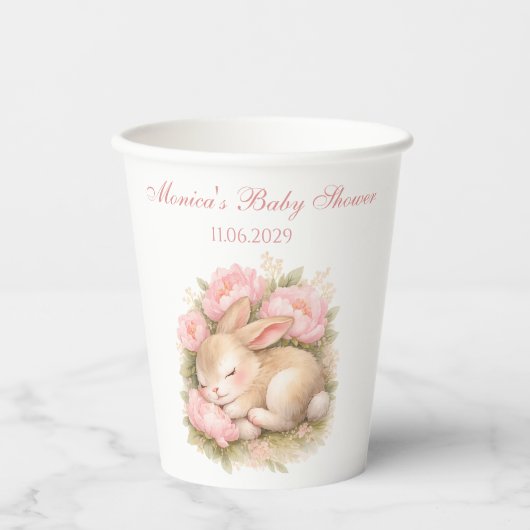Cute Bunny Rabbit Pink Blush Peony Baby Shower 紙コップ (正面)
