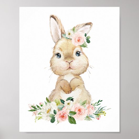 Cute Bunny, Rabbit, Pink Flowers, Girl Nursery ポスター (正面)