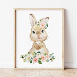 Cute Bunny, Rabbit, Pink Flowers, Girl Nursery ポスター