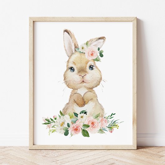 Cute Bunny, Rabbit, Pink Flowers, Girl Nursery ポスター