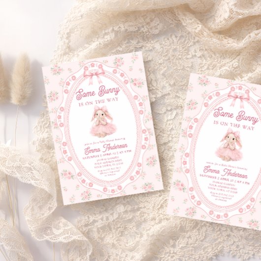 Cute Bunny Rabbit Pink Girl Baby Shower 招待状