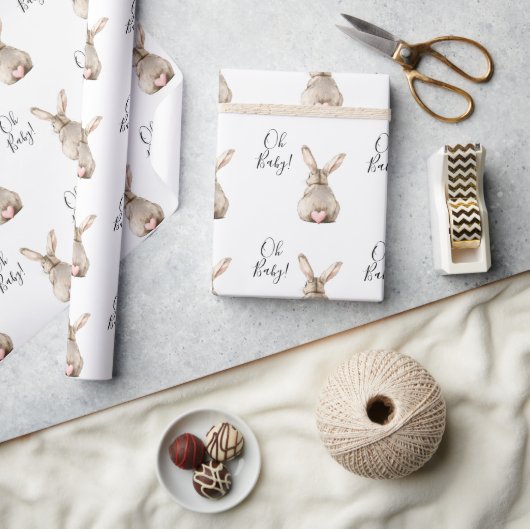 Cute Bunny Rabbit Pink Heart Tail Baby Shower ラッピングペーパー (クラフト)