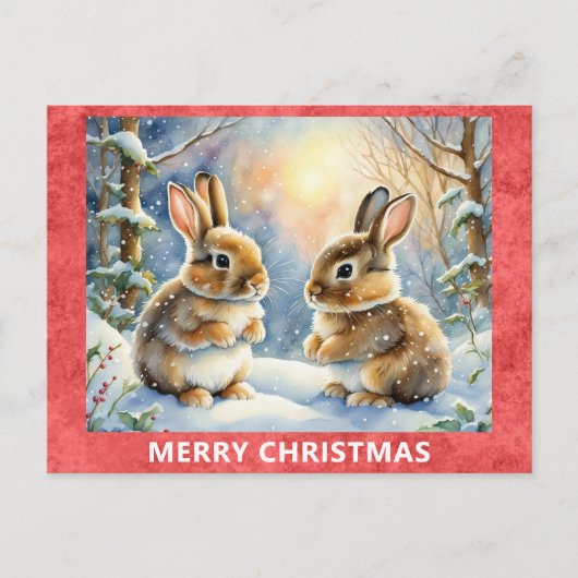 Cute Bunny Rabbit Woodland Forest Merry Christmas ポストカード (正面)