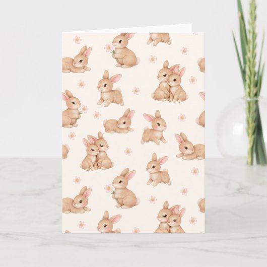 Cute Bunny Rabbits Pink Floral Pattern Easter シーズンカード (正面)