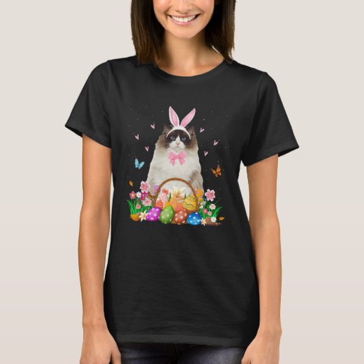 Cute Bunny Ragdoll Cat & Easter Egg Basket Easter  Tシャツ (正面)