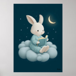 Cute Bunny Reading on Cloud Nursery Bedtime ポスター
