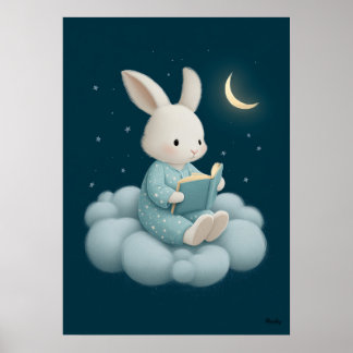 Cute Bunny Reading on Cloud Nursery Bedtime ポスター