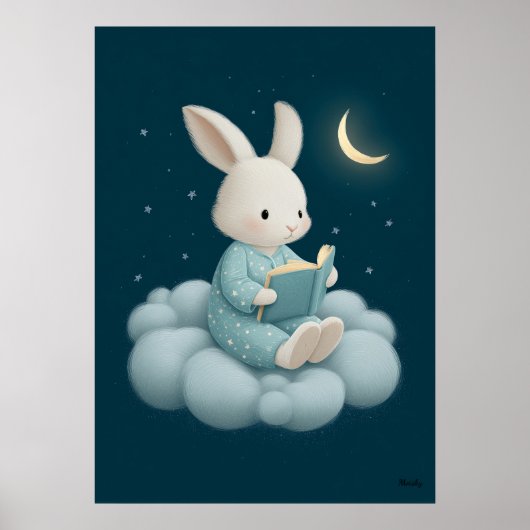 Cute Bunny Reading on Cloud Nursery Bedtime ポスター (正面)