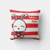 Cute Bunny Red Striped Birth Stats Throw Pillow クッション (正面)