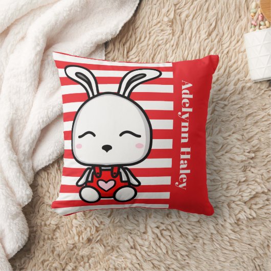 Cute Bunny Red Striped Throw Pillow クッション (ブランケット)