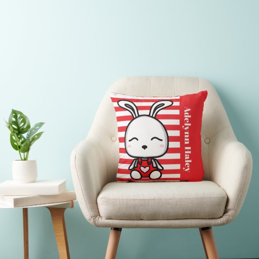 Cute Bunny Red Striped Throw Pillow クッション (椅子)