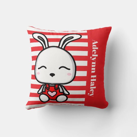 Cute Bunny Red Striped Throw Pillow クッション (裏面)