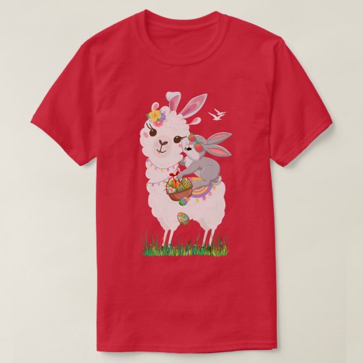 Cute Bunny Riding Llama Holding Egg Basket Happy E Tシャツ (デザイン正面)