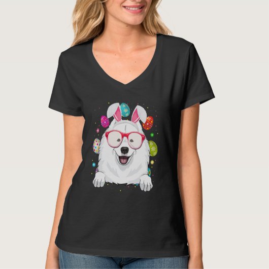 Cute Bunny Samoyed Dog Face Easter Eggs Easter Day Tシャツ (正面)