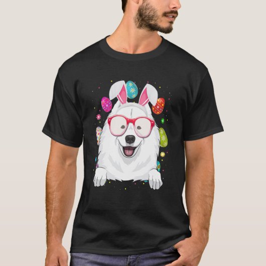 Cute Bunny Samoyed Dog Face Easter Eggs Easter Day Tシャツ (正面)