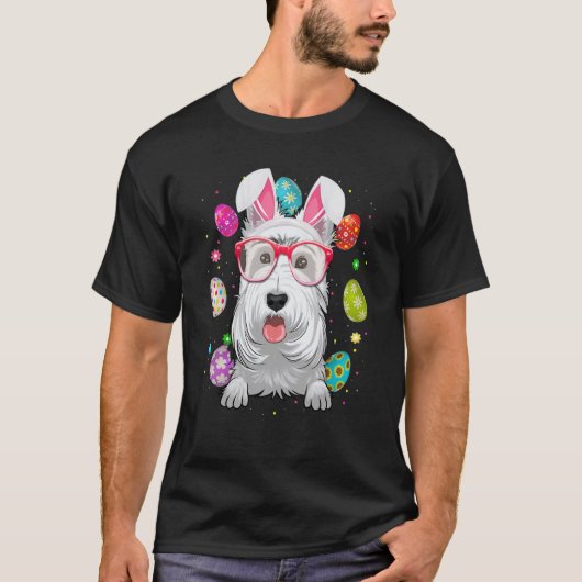Cute Bunny Scottish Terrier Dog Face Easter Eggs E Tシャツ (正面)