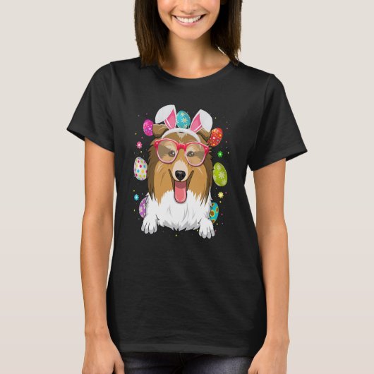 Cute Bunny Shetland Sheepdogs Dog Face Easter Eggs Tシャツ (正面)
