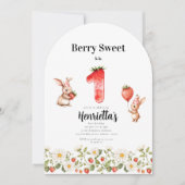 Cute Bunny Strawberry Theme First Birthday  招待状 (正面)