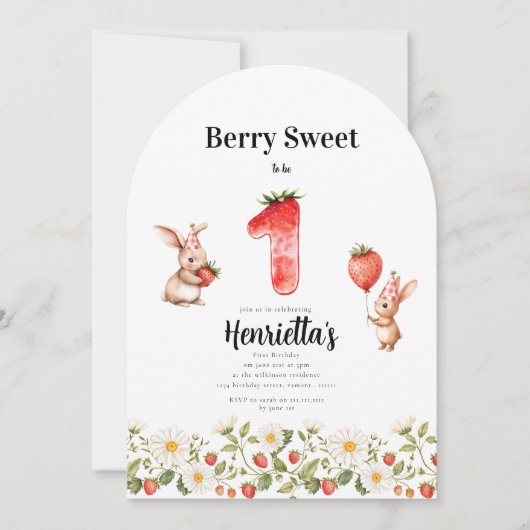 Cute Bunny Strawberry Theme First Birthday  招待状 (正面)