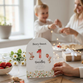 Cute Bunny Strawberry Theme First Birthday  招待状
