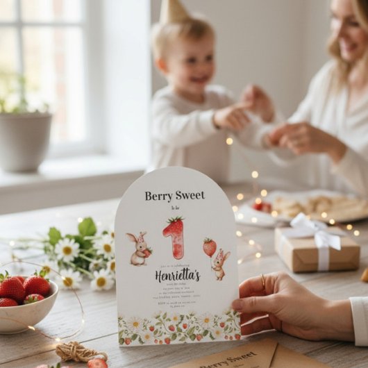 Cute Bunny Strawberry Theme First Birthday  招待状