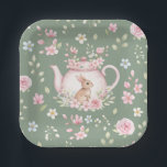 Cute Bunny Teapot Pink Floral Sage Green Spring ペーパープレート<br><div class="desc">Cute Bunny Teapot Pink Floral Sage Green Spring Paper Plates. Cute design featuring a bunny nestled beside a pink floral teapot. Surrounded by pink roses,  cherry blossoms,  and sage green leaves. Perfect for Easter celebrations,  baby showers,  or birthday.</div>