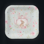 Cute Bunny Teapot Pink Floral Spring ペーパープレート<br><div class="desc">Cute Bunny Teapot Pink Floral Spring Paper Plates. Cute design featuring a bunny nestled beside a pink floral teapot. Surrounded by pink roses,  cherry blossoms,  and sage green leaves. Perfect for Easter celebrations,  baby showers,  or birthday.</div>