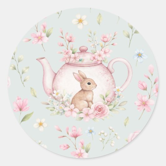 Cute Bunny Teapot Pink Floral Spring ラウンドシール (正面)