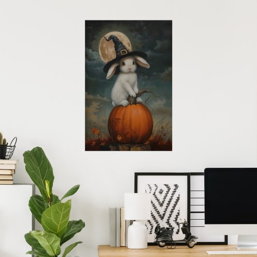 Cute Bunny Witch on Pumpkin Art Printable, Hallowe ポスター (ホームオフィス)