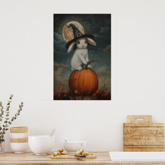 Cute Bunny Witch on Pumpkin Art Printable, Hallowe ポスター (キッチン)