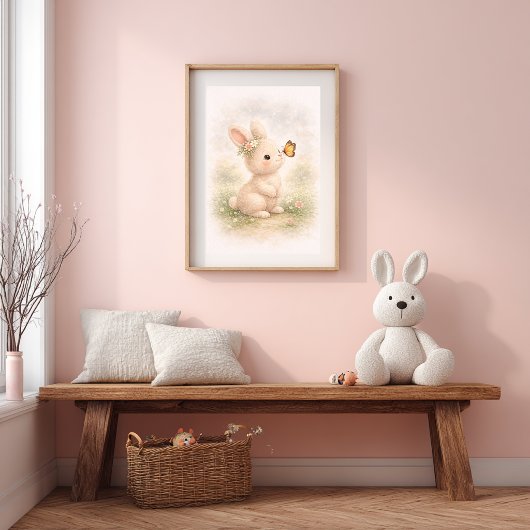 Cute Bunny With Butterfly Neutral Kids Room ポスター