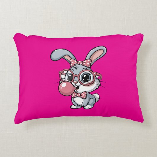 Cute Bunny with Glasses Blowing Bubble Gum アクセントクッション (正面)