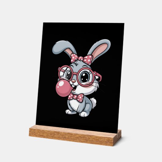 Cute Bunny with Glasses Blowing Bubble Gum アクリルサイン (傾斜)