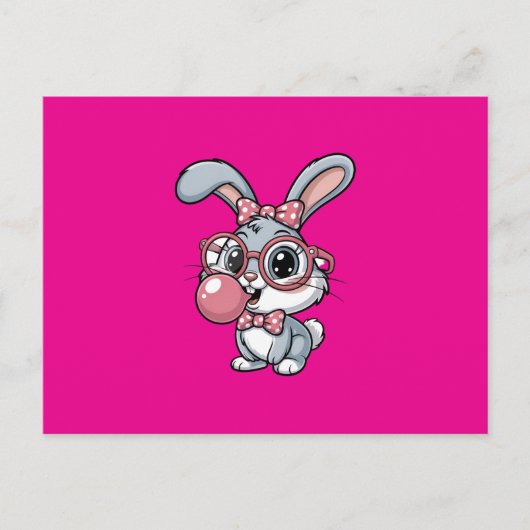 Cute Bunny with Glasses Blowing Bubble Gum インビテーションポストカード (正面)