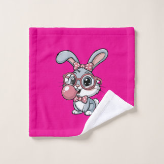 Cute Bunny with Glasses Blowing Bubble Gum ウォッシュタオル