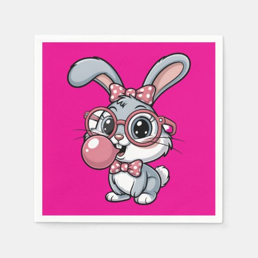 Cute Bunny with Glasses Blowing Bubble Gum スタンダードカクテルナプキン (正面)